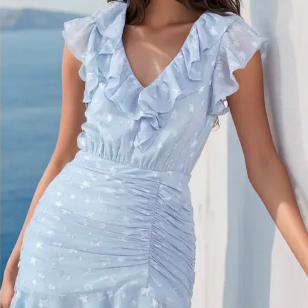 NWT Yumi Kim Blue Ruched Ruffle Mini Dress